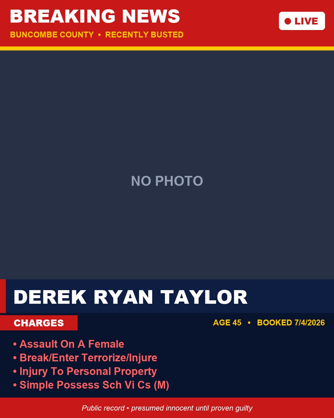 DEREK RYAN TAYLOR booking photo