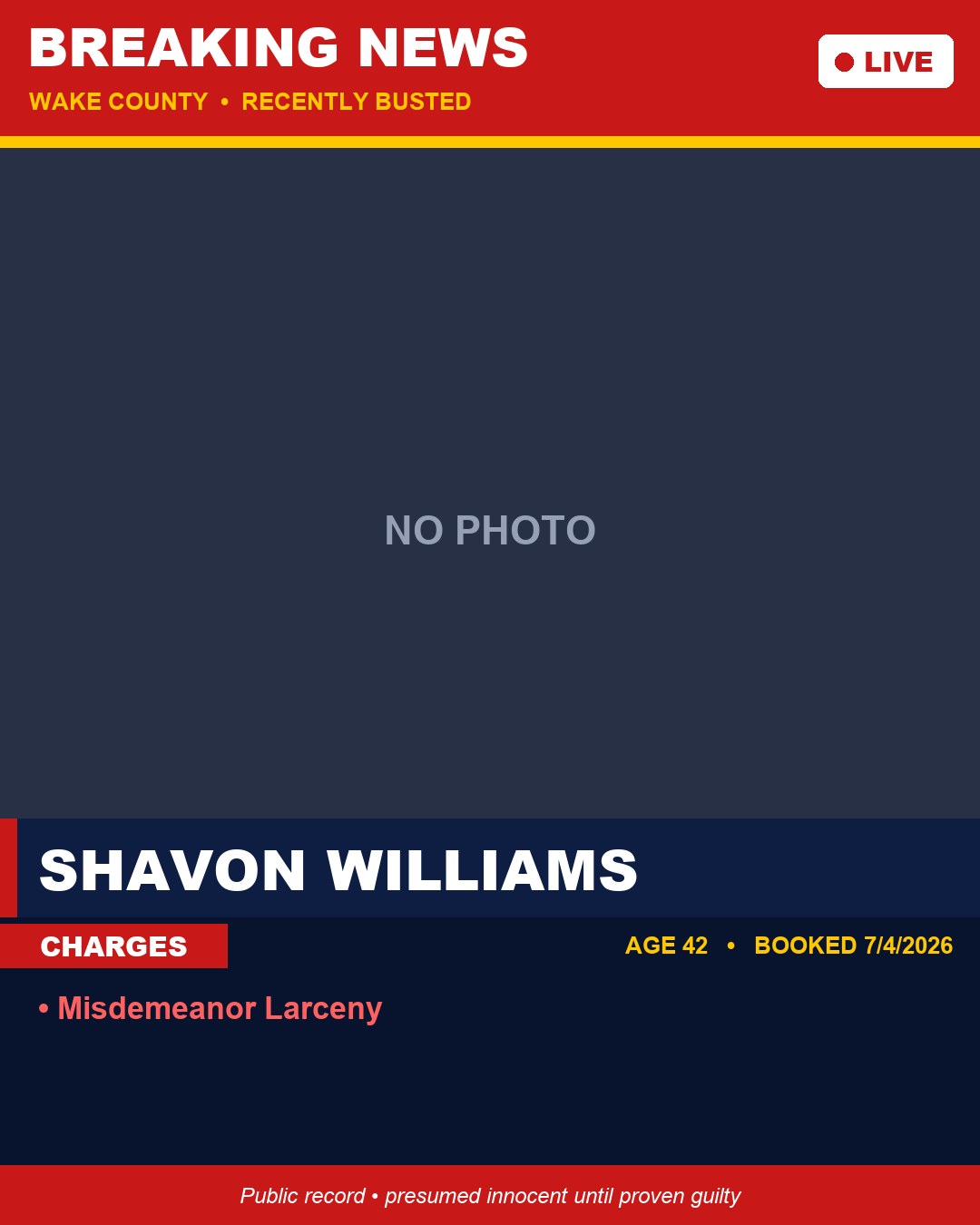 SHAVON WILLIAMS booking photo
